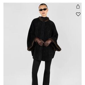 WeWoreWhat Black Suede Poncho coat with Brown fur trim